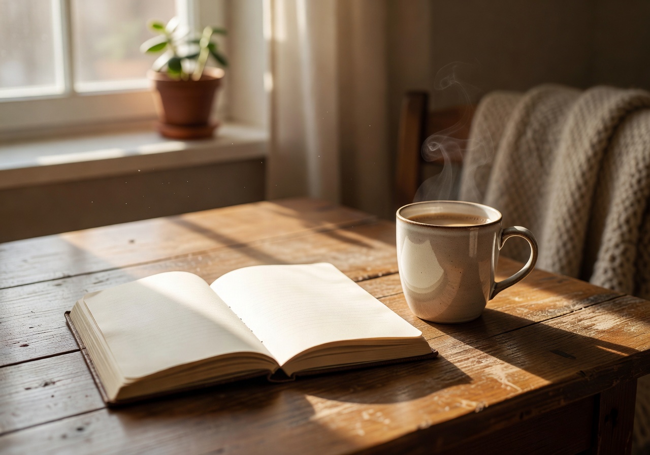 Cozy workspace with notebook and coffee in warm morning light