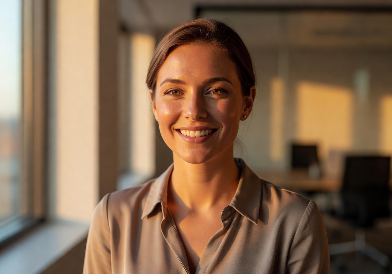 Portrait of team member Amelia smiling with warm light