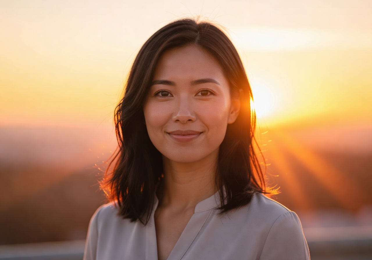 Portrait of team member Lina with bright sunrise background