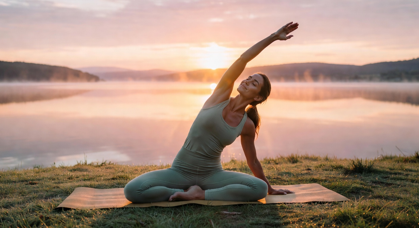 Sunrise yoga stretching woman starting the day with calm energy