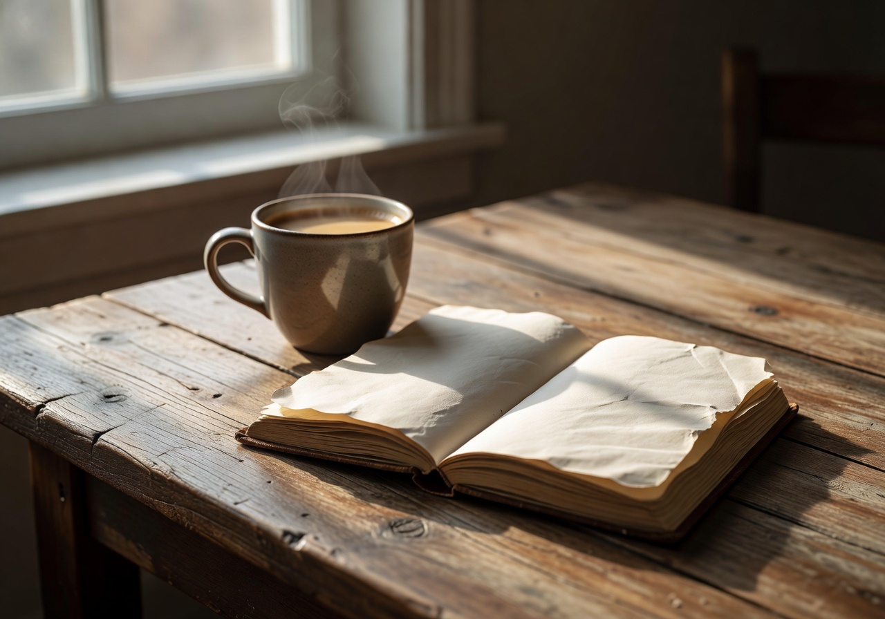 Warm coffee cup next to open journal on wooden morning table